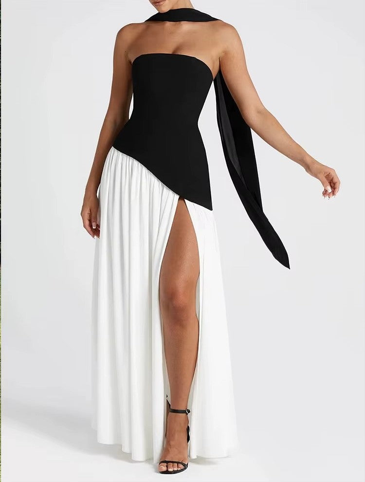 Abito lungo elegante con spacco-vestito da sera asimmetrico